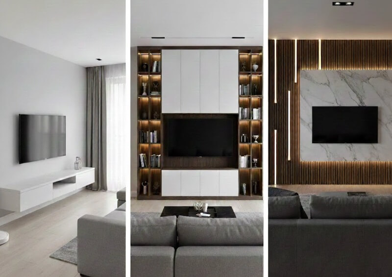 Khi chọn kệ tivi và vách ốp phòng khách chung cư cần phù hợp diện tích, phong cách, gọn nhẹ, dễ vệ sinh, không che ánh sáng và lối đi