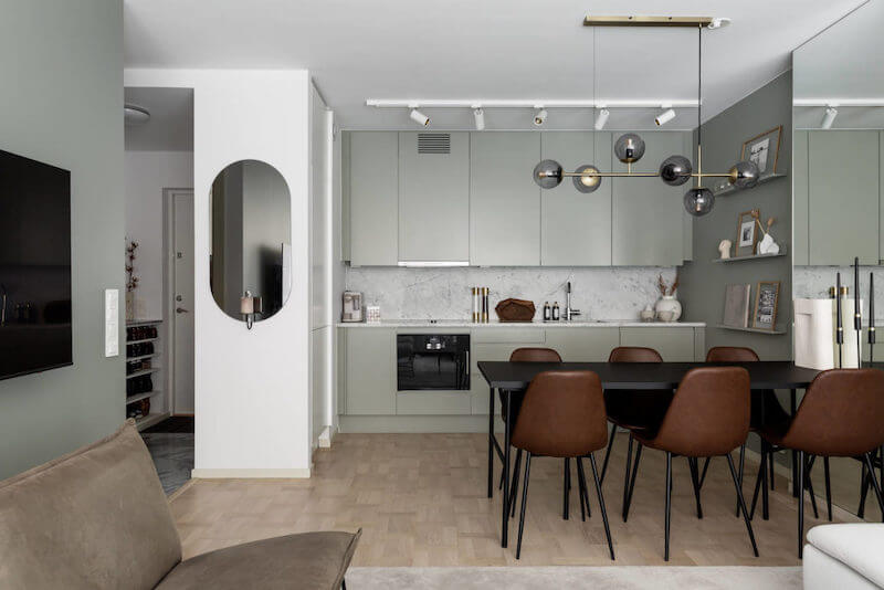 Màu sắc phòng khách căn 2PN nên ưu tiên gam trung tính, kết hợp điểm nhấn tinh tế để không gian hài hòa, dễ sử dụng lâu dài