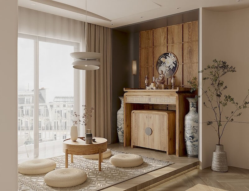 Phòng khách kết hợp bàn thờ cần đặt bàn thờ vị trí trang nghiêm, tách ước lệ bằng vách, cao độ hợp lý, tránh lối đi chính và khu vực sinh hoạt ồn ào