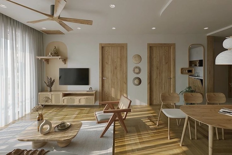 Với căn hộ 1PN nhỏ, bàn thờ treo giúp phòng khách gọn gàng hơn, hạn chế cảm giác chật chội và không phá vỡ bố cục nội thất hiện đại