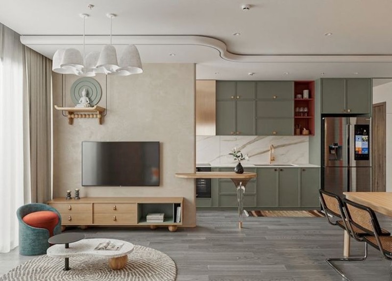 Trong căn hộ Studio, bàn thờ treo giúp phân tách tương đối không gian tâm linh với khu vực sinh hoạt mà không cần xây vách cứng 