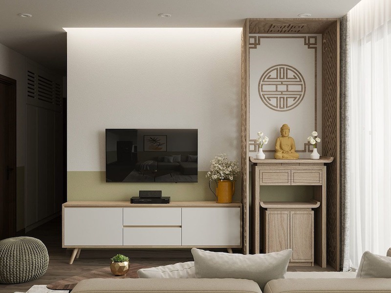 Bàn thờ đứng kết hợp vách CNC giúp căn hộ 2PN tạo không gian thờ cúng trang nghiêm, tách biệt tương đối khu sinh hoạt mà vẫn giữ sự thông thoáng và hài hòa nội thất 