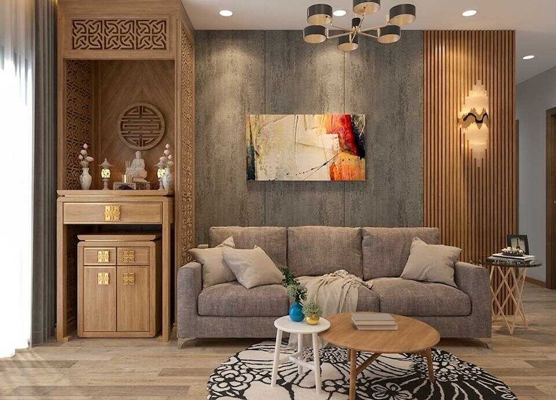 Trong căn hộ 2PN, vách CNC giúp hạn chế ánh nhìn trực diện từ sofa và tivi vào bàn thờ, tăng tính tôn nghiêm cho không gian thờ cúng 