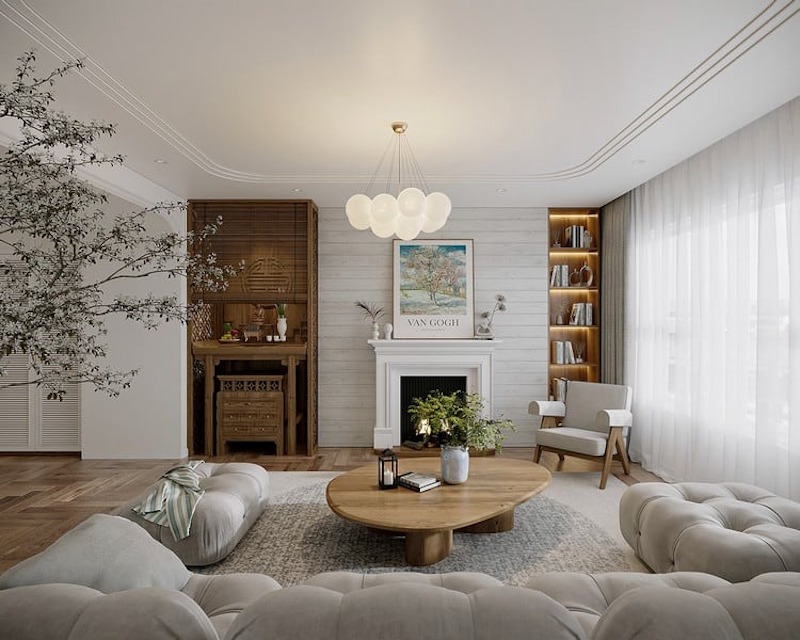 Bàn thờ đứng kết hợp vách CNC tạo điểm nhấn thẩm mỹ cho phòng khách chung cư, cân bằng giữa yếu tố tâm linh và thiết kế hiện đại