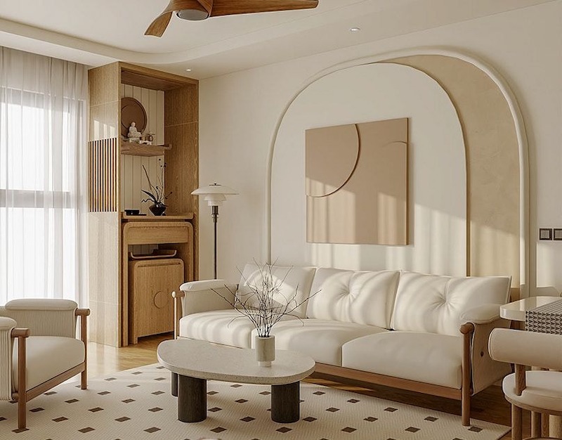 Thiết kế này giúp gia chủ căn hộ 2PN bố trí đầy đủ đồ thờ mà không làm phòng khách trở nên chật chội hay nặng nề 