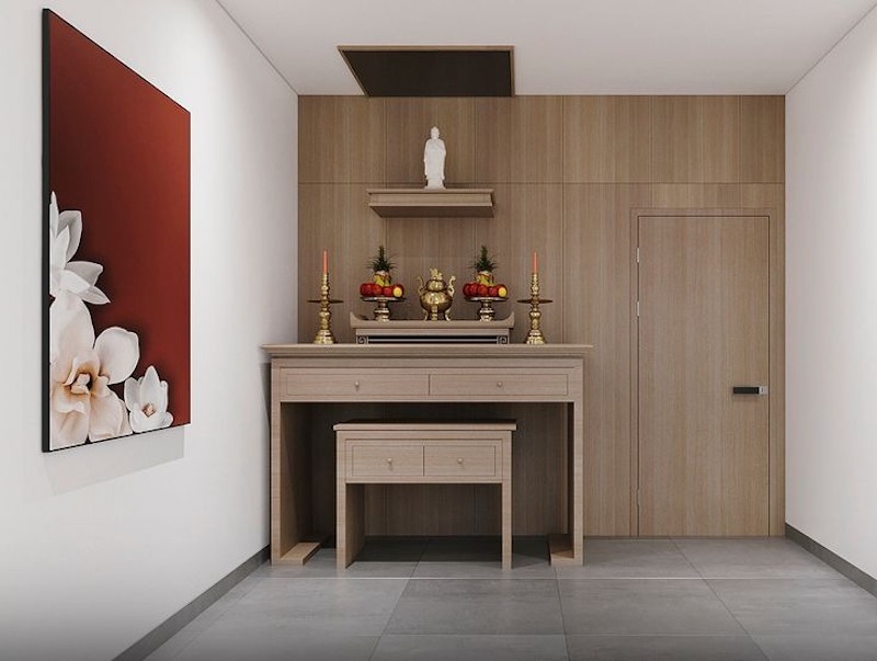 Chất liệu gỗ tự nhiên cao cấp giúp không gian thờ cúng trong Duplex, Penthouse trở nên sang trọng nhưng không phô trương 