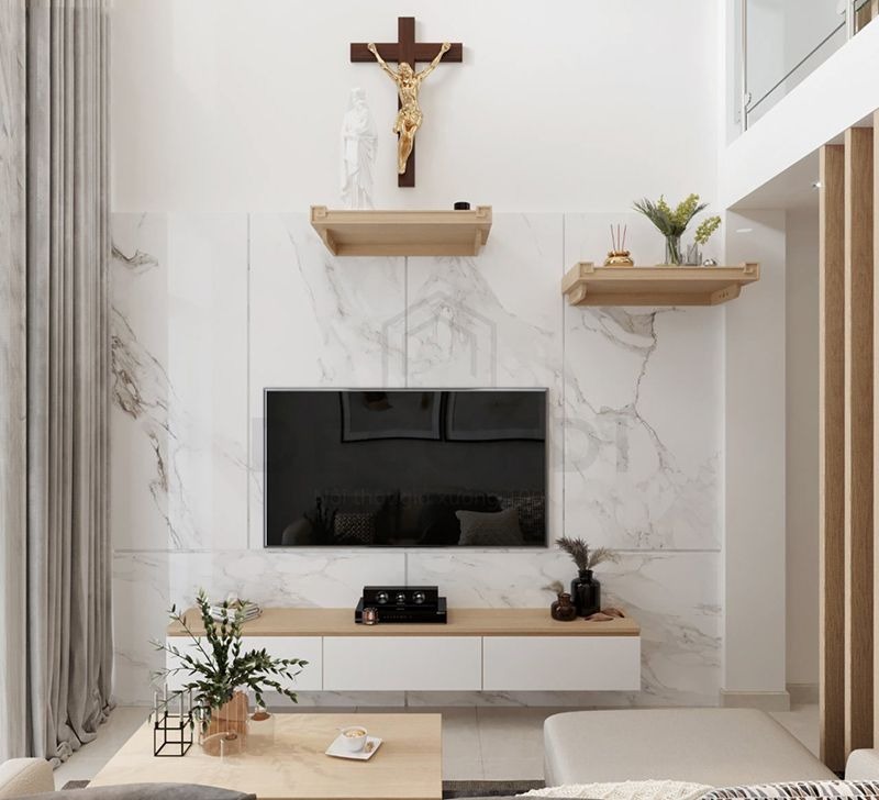 Bàn thờ Chúa trong phòng khách hiện đại nên thiết kế tối giản, gọn gàng, ưu tiên đường nét thanh thoát để giữ sự trang nghiêm và tinh tế 