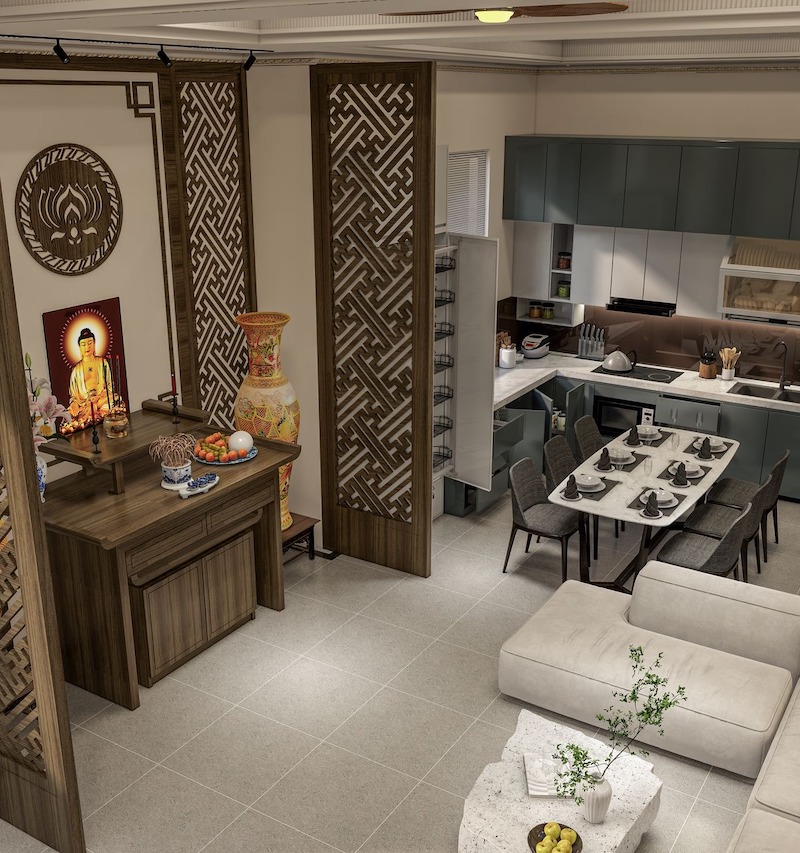 Bàn thờ Chúa hoặc Phật trong phòng khách hiện đại cần được thiết kế tiết chế, tránh chi tiết rườm rà để giữ sự tôn nghiêm 