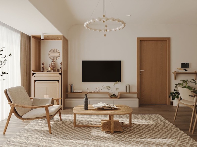 Tủ thờ hoặc án gian đứng tạo cảm giác vững chãi, trang nghiêm, bày trí đồ thờ đầy đủ, phù hợp rộng, tăng phong thủy 