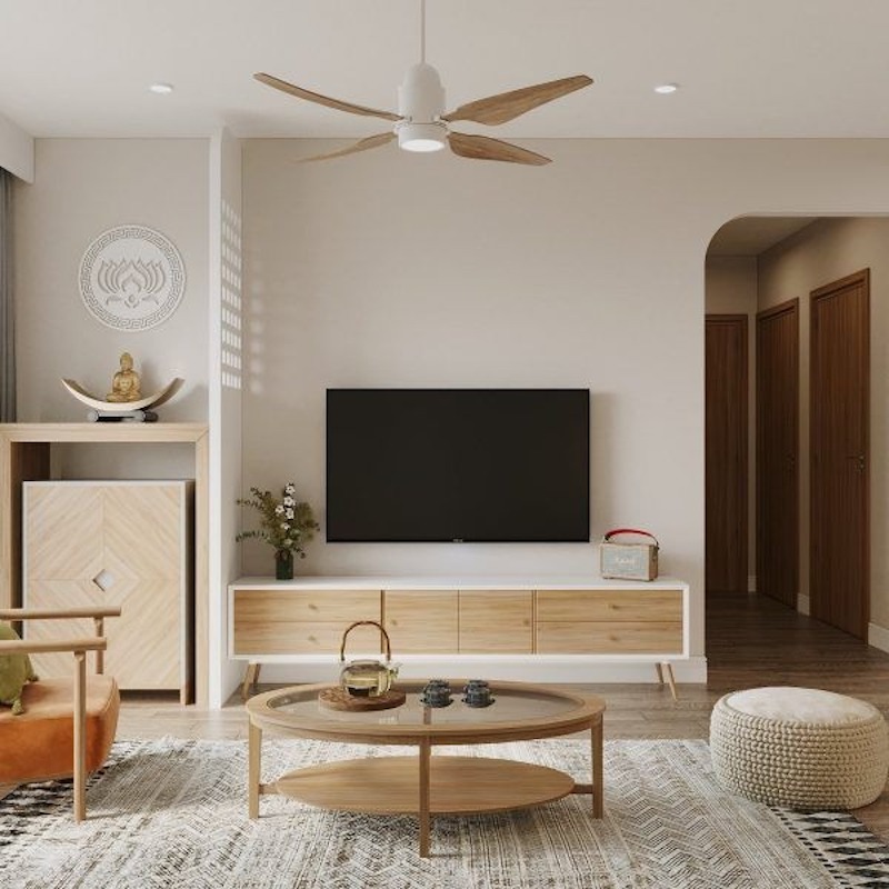 Nên chọn gỗ tông trầm đồng bộ nội thất, ánh sáng dịu, tránh màu sáng hay đèn nhiều màu gây rối, mất trang nghiêm chung 