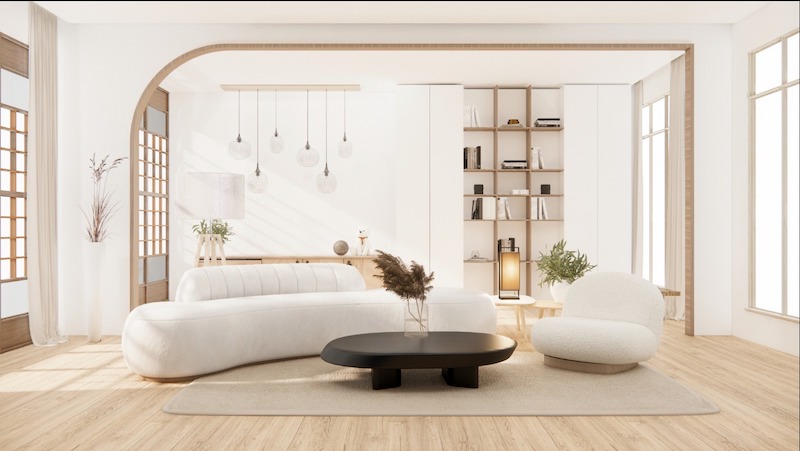 Phong cách Muji tạo phòng khách tối giản, ưu tiên nội thất gọn gàng, đường nét tinh tế, tập trung công năng và loại bỏ chi tiết không cần thiết 