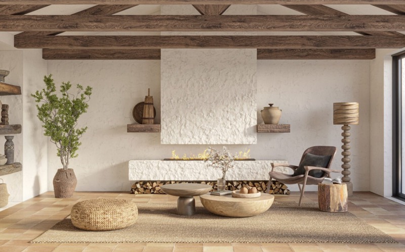 Bảng màu thiên nhiên như nâu đất, xám đá và trắng kem giúp không gian cân bằng, mang lại cảm giác tĩnh lặng và gần gũi với tự nhiên 