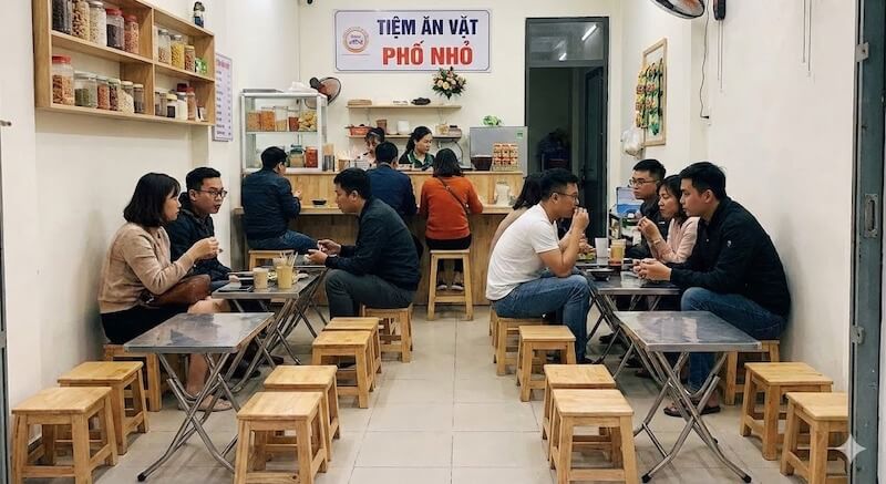 Thiết kế quầy bar mở giúp quán ăn vặt nhỏ tiết kiệm diện tích, tạo cảm giác sạch sẽ, minh bạch trong chế biến, đồng thời tăng sự tin tưởng của khách hàng