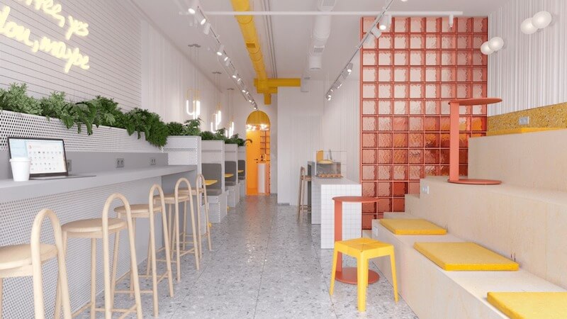 Ánh sáng trắng kết hợp đèn treo kiểu Hàn giúp quán ăn vặt trông sạch sẽ, hiện đại, đồng thời làm món ăn lên hình đẹp hơn