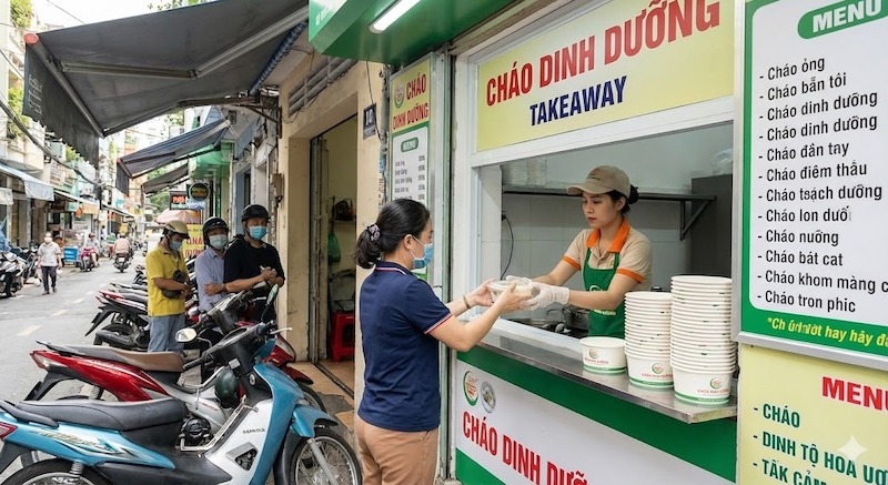 Với mặt bằng nhỏ, bố trí quầy nấu và trưng bày hợp lý giúp thao tác múc cháo nhanh, tiết kiệm diện tích mà vẫn đảm bảo tiêu chuẩn vệ sinh