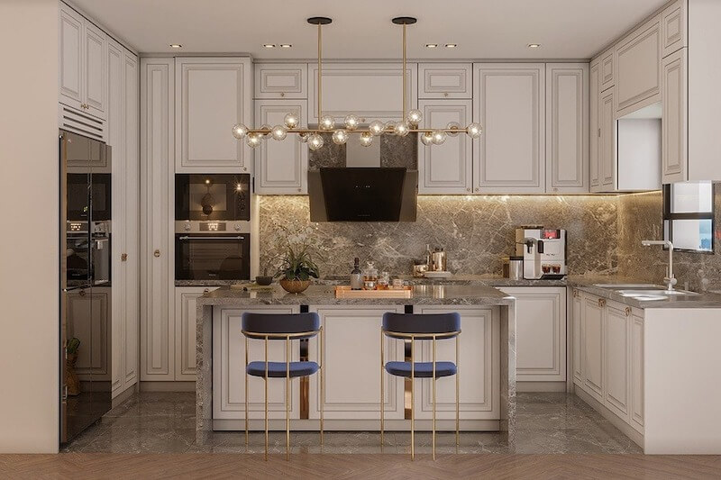 Hệ tủ phào chỉ tinh tế, đảo bếp trung tâm và vật liệu đá cao cấp, vừa đảm bảo công năng sử dụng hằng ngày vừa giữ được vẻ sang trọng, chỉn chu