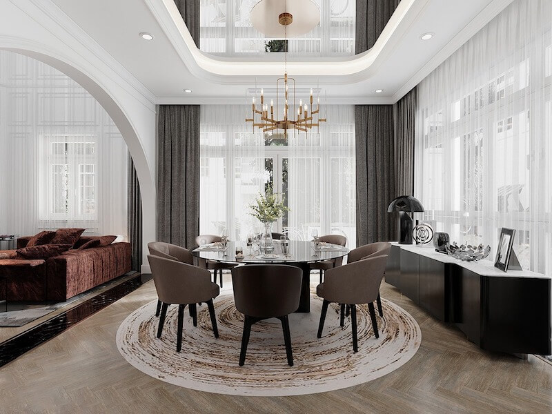 Không gian được xử lý thoáng sáng với trần cao, vòm cong mềm mại và ánh sáng tự nhiên dồi dào, mang lại cảm giác cân bằng giữa nét sang trọng cổ điển và nhịp sống hiện đại.