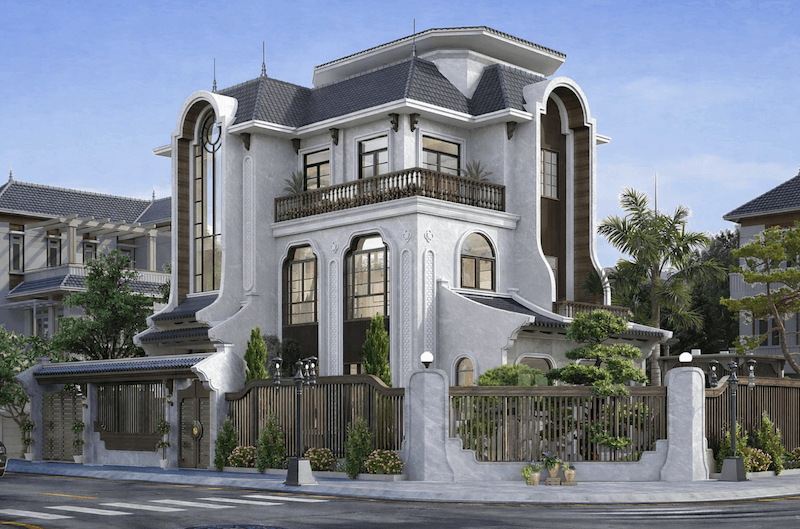 Hình khối mềm mại, vòm cong đặc trưng và vật liệu tự nhiên, tạo nên không gian sống giao thoa giữa tinh thần Á Đông truyền thống và nhịp sống hiện đại, chậm rãi và thư thái