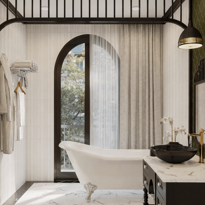 Phòng tắm với vòm cửa đặc trưng, bồn tắm độc lập và ánh sáng tự nhiên, mang lại cảm giác thư giãn, riêng tư và gần gũi với thiên nhiên