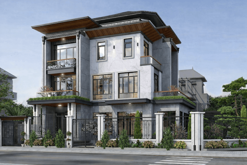 Phong cách Modern Luxury với hình khối vuông vức, mảng tường ốp đá sáng, hệ cửa kính lớn và ban công xanh, tạo tổng thể hiện đại và sang trọng