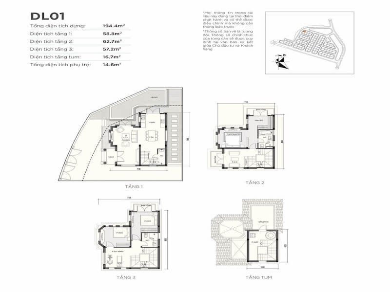 Mặt bằng biệt thự với tổng diện tích sử dụng 194,4m2, được tổ chức khoa học qua 3 tầng và 1 tầng tum: tầng 1 (58,8m2) bố trí không gian sinh hoạt chung, tầng 2 (62,7m2) và tầng 3 (57,2m2) dành cho khu vực phòng ngủ riêng tư, tầng tum (16,7m²) kết hợp sân thượng và không gian phụ trợ