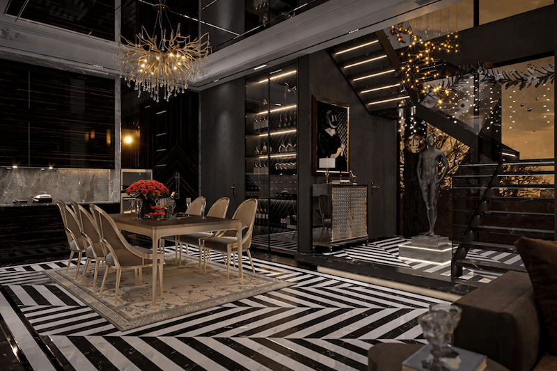 Không gian phòng ăn với bảng màu đen - vàng ánh kim chủ đạo, sàn đá họa tiết hình học, đèn chùm nghệ thuật và bố cục mở liên thông, tạo cảm giác sang trọng và cá tính