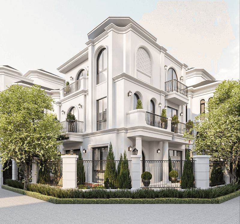 Hình khối biệt thự cân đối, hệ phào chỉ gọn nhẹ, cửa vòm mềm mại và ban công sắt mỹ thuật, tạo tổng thể bề thế nhưng vẫn tinh tế, không phô trương