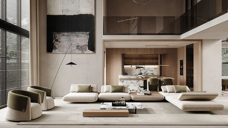  Phong cách nội thất phù hợp đặc trưng khu Hải Âu: thiết kế sofa hiện đại, không gian mở nối liền khu vực bếp ốp đá marble, tranh nghệ thuật trừu tượng khổ lớn