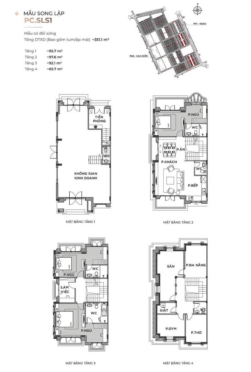 Thiết kế mặt bằng biệt thự song lập tối ưu không gian mở, sử dụng giải pháp kiến trúc thông tầng và hệ thống cửa kính lớn giúp đưa thiên nhiên vào sâu trong ngôi nhà