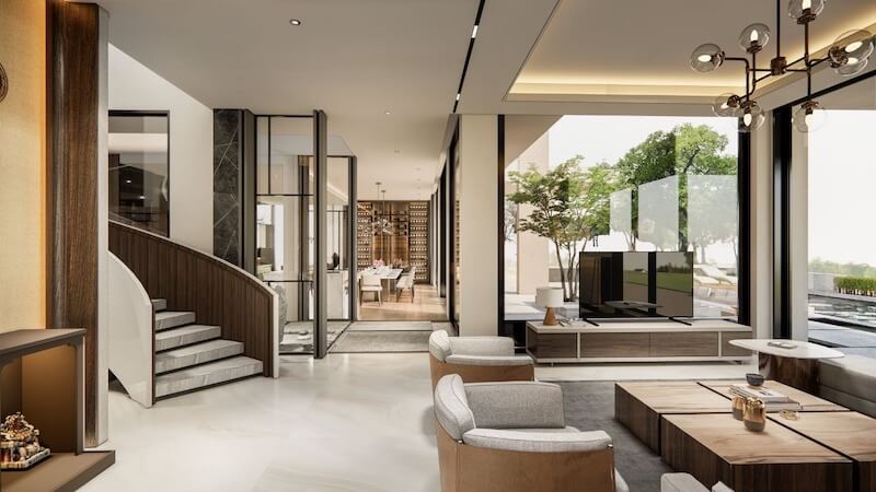 Phòng khách được sử dụng hệ cửa kính kịch trần cỡ lớn giúp xóa nhòa ranh giới giữa bên trong và sân vườn, đón trọn ánh sáng tự nhiên, chiêm ngưỡng góc nhìn đắt giá