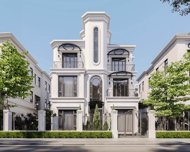 Thiết kế mặt tiền của biệt thự với điểm nhấn là hệ mái vòm xuyên suốt các tầng, mẫu kiến trúc Địa Trung Hải tập trung vào thiết kế đối xứng các ô cửa sổ, ban công và các đường phào chỉ trên nền tường trắng