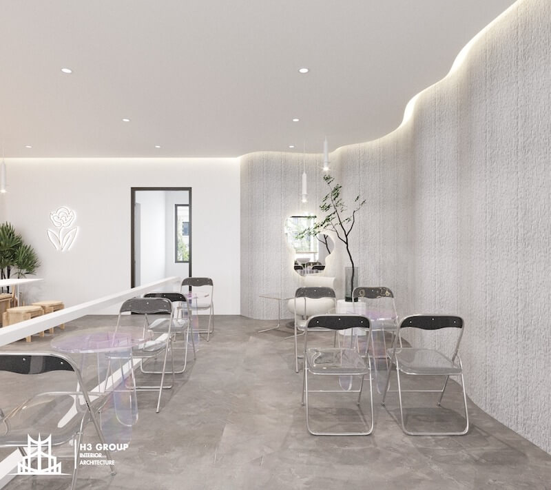 Thiết kế quán cafe với phong cách tối giản, sử dụng các gam màu trung tính và vật liệu độc đáo để tạo không gian hiện đại, mang dấu ấn riêng biệt