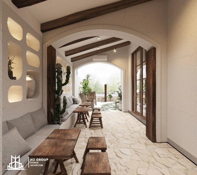 Thiết kế quán cafe theo phong cách tân cổ điển lịch lãm với đường nét mềm mại, màu sắc nhã nhặn, chi tiết trang trí tỉ mỉ và đèn chùm tinh xảo, tạo không gian vừa hoài cổ vừa sang trọng