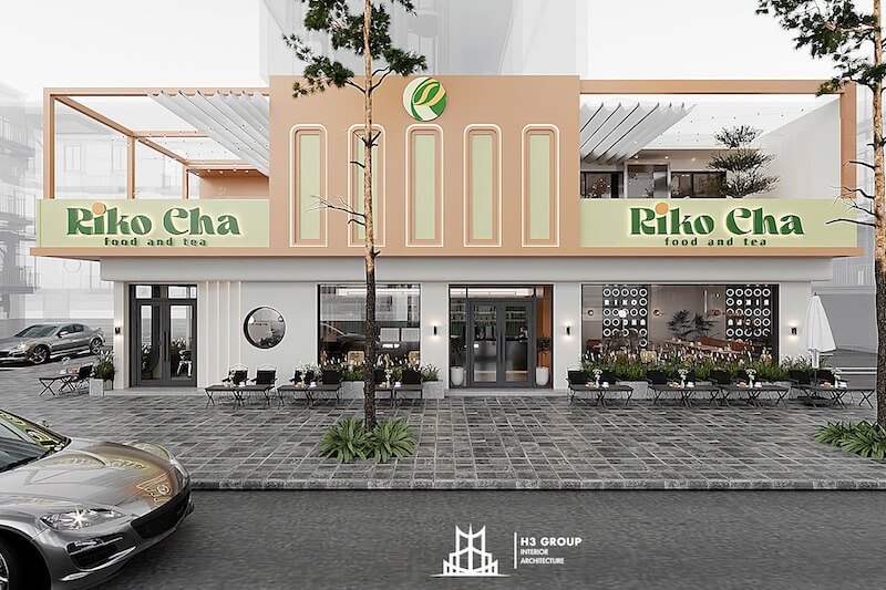 Không gian cafe hiện đại, kết hợp kiến trúc vòm mềm mại, cột đá cẩm thạch và nội thất phong cách Bắc Âu tối giản, tạo vẻ thanh lịch, tinh tế