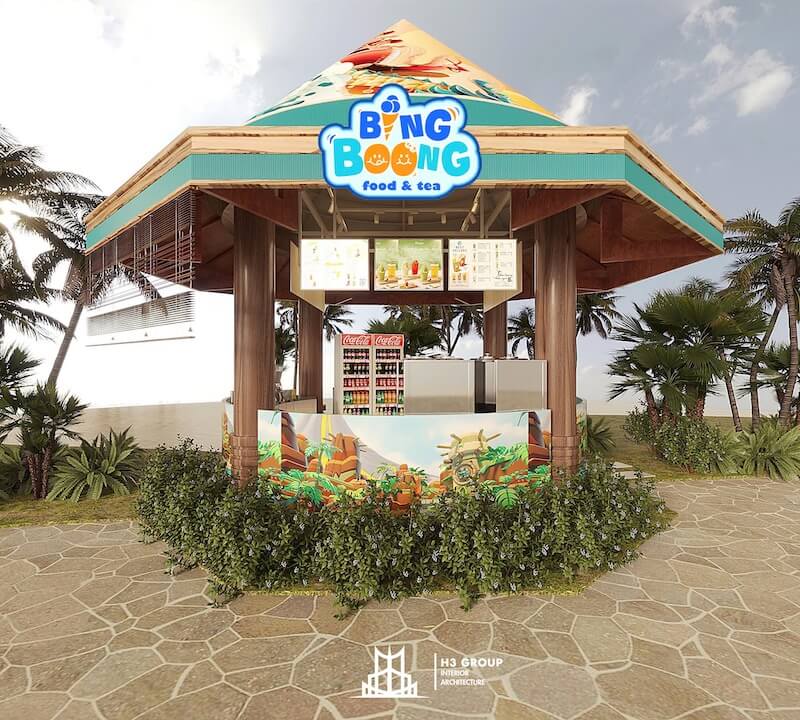 Quán được thiết kế theo phong cách trẻ trung, năng động độc đáo và màu sắc tươi sáng, hài hòa với công viên