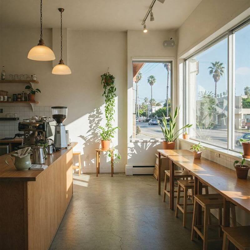 Quán cafe được thiết kế thông minh với quầy bar và khu vực ngồi dọc theo cửa sổ lớn, tận dụng tối đa ánh sáng tự nhiên và tạo không gian thoáng đãng, thoải mái cho khách hàng