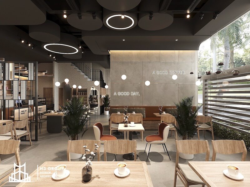 Quán cafe kết hợp Hiện đại và Châu Âu, dùng màu trung tính, nội thất gỗ sang trọng và đèn độc đáo, tạo không gian thanh lịch, cuốn hút