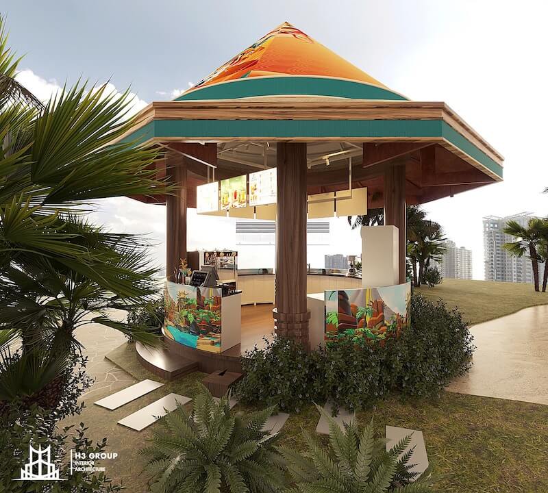 Thiết kế ngoại thất quán cafe theo phong cách sân vườn, sử dụng vật liệu tự nhiên và bố trí cây xanh hợp lý, mang đến không gian ngoài trời thoáng đãng, gần gũi với thiên nhiên