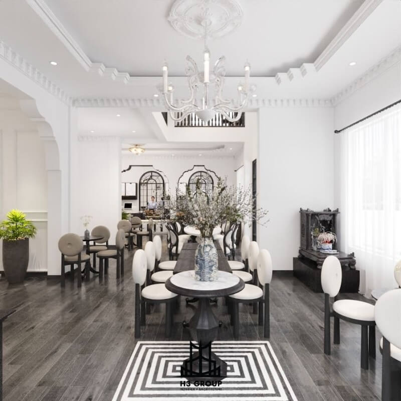 Thiết kế quán cafe theo phong cách Châu Âu lãng mạn với tone trắng cùng đài phun nước và không gian ngoài trời, tạo cảm giác thư thái và tinh tế như đang ở Paris