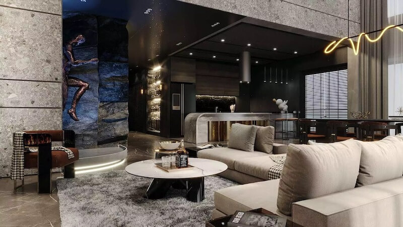 Vách đá nghệ thuật khổ lớn, đèn led uốn lượn và quầy bar đá marble cao cấp tạo nên bản tuyên ngôn đầy cá tính cho không gian sống thượng lưu, đậm chất nghệ thuật đương đại 