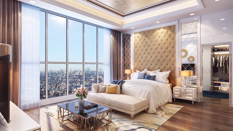 Không gian thể hiện tinh thần Modern Contemporary qua giường bọc nệm phẳng, bảng màu trung tính, đồ rời tinh giản, ánh sáng gián tiếp và vật liệu sang trọng nhưng tiết chế 