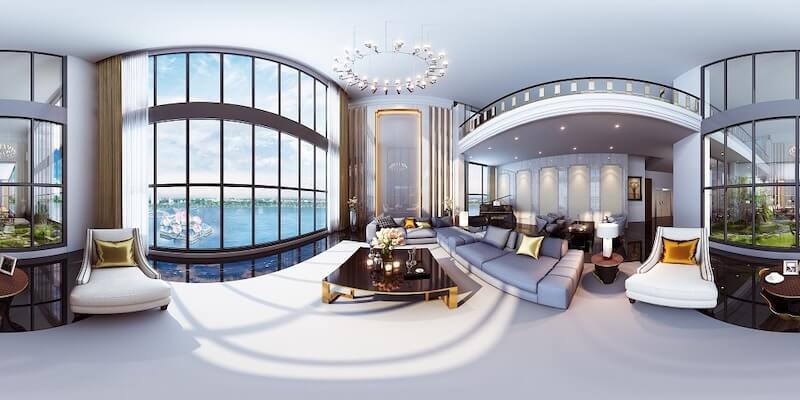 Đèn chùm tròn hiện đại, ghế tựa và bàn hộp cạnh tường kính tạo nên nhịp điệu cân bằng giữa sáng tối và vật liệu tự nhiên  