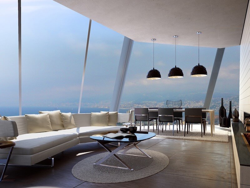 Bộ sofa nỉ trắng tối giản cùng hệ đèn thả đen nhám mang đến nét đẹp tinh tế, phóng khoáng và đậm chất nghệ thuật 