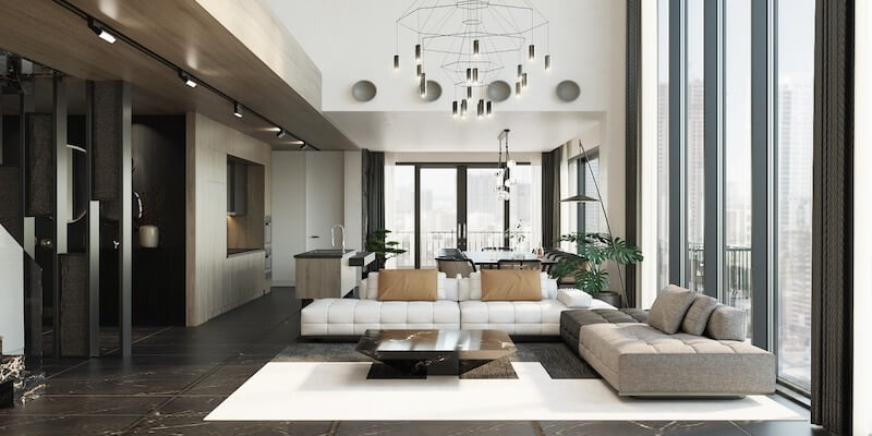 Hệ kính chạm sàn toàn chiều cao kết hợp trần cao thông tầng, biến view đô thị thành “trang trí nội thất”, tạo giá trị xa xỉ đến từ không gian và ánh sáng tự nhiên 