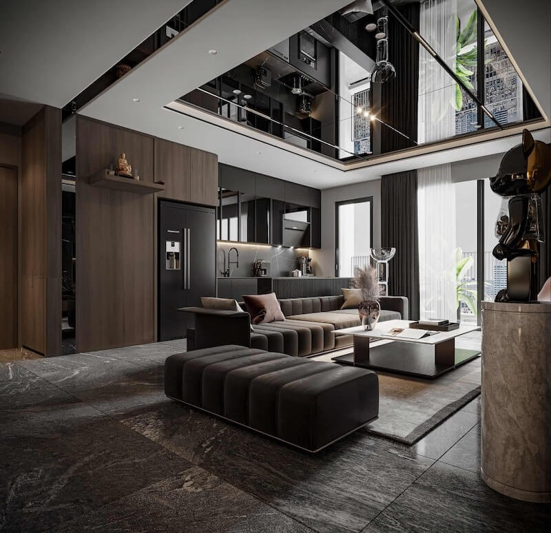 Vật liệu đá tự nhiên, gỗ veneer cao cấp và da được lựa chọn kỹ lưỡng nhằm thể hiện đúng tinh thần Modern Luxury chuẩn mực quốc tế 