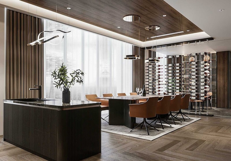 Khu vực bếp và phòng ăn Penthouse Vinhomes Metropolis được thiết kế mở, liên thông không gian, nhấn mạnh sự tiện nghi cao cấp và tính thẩm mỹ Modern Luxury 