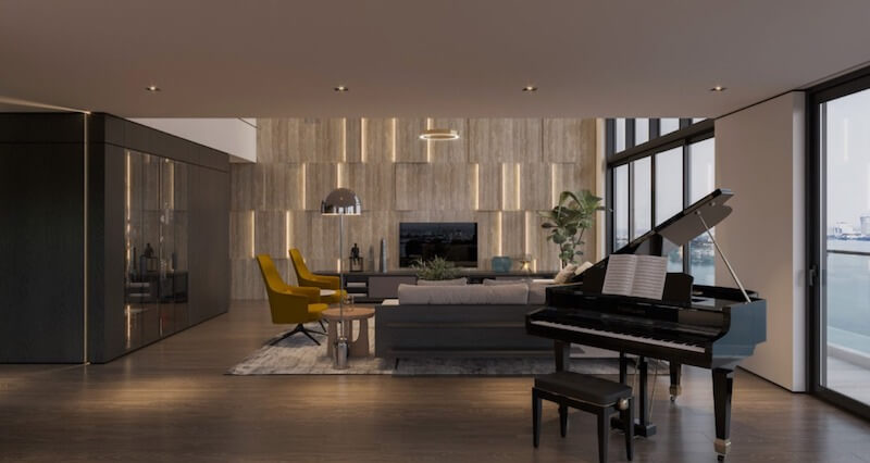 Đàn grand piano đặt cạnh hệ kính lớn, ghế accent vàng, tủ âm tường phủ veneer tối màu và mảng tường đá chiếu sáng nhấn mạnh cá tính sống nghệ thuật của gia chủ 