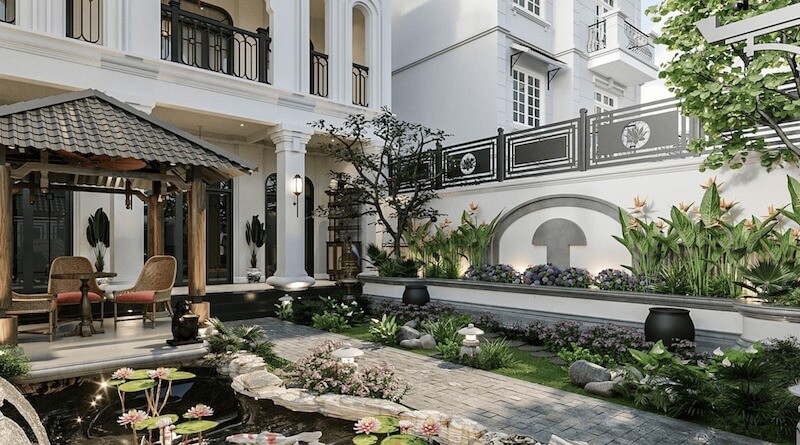 Sân vườn villa được tổ chức theo mỹ học Á Đông, kết hợp mặt nước, cây xanh và lối dạo đá tạo cảm giác nghỉ dưỡng tại gia