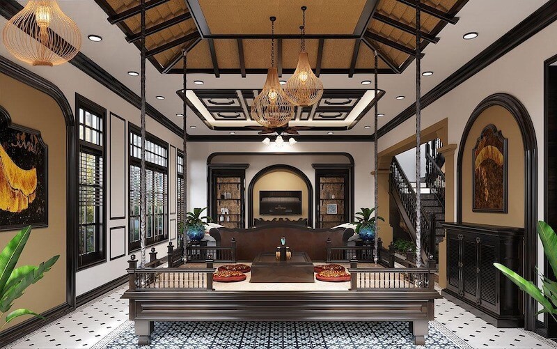 Nên ưu tiên đèn ánh sáng vàng ấm 2700 - 3000K, CRI cao, chiếu sáng phân lớp, kết hợp đèn hắt và đèn lồng trang trí, tạo chiều sâu, tôn vật liệu tự nhiên