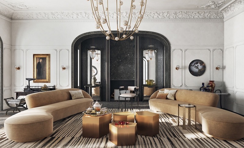 Điểm nhấn vòm cong đối xứng, sofa bo tròn, ánh sáng tự nhiên hài hòa, tạo ấn tượng trang trọng ngay lối vào